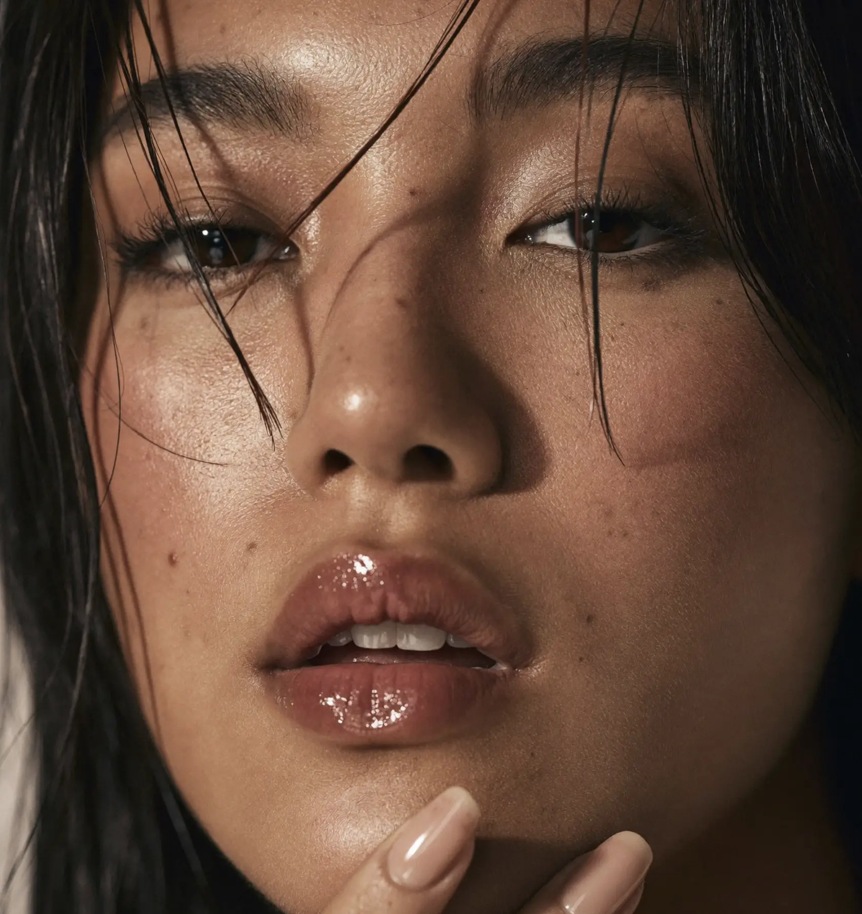 close-up beauty portrait, glossy lips